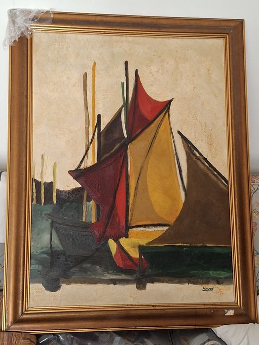 Barcos excelente grande quadro tela a oleo  emoldurado 102 x 75