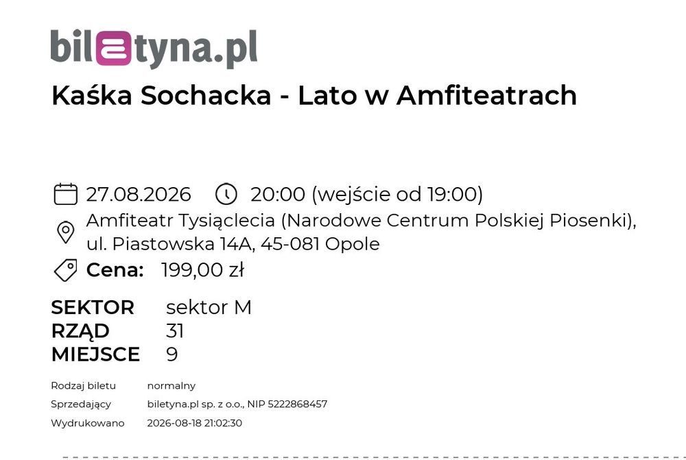 2 bilety na koncert Kaśka Sochacka Opole super miejsca Amfiteatr 27.08.2026