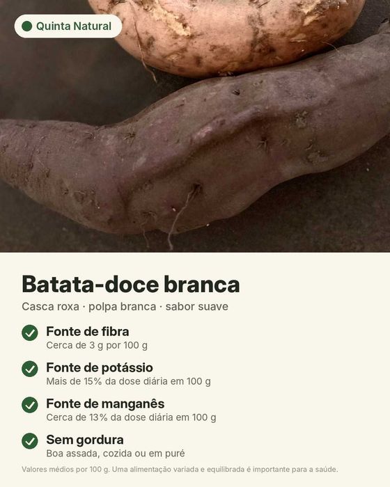 Batata-doce caseira - branca, laranja e roxa