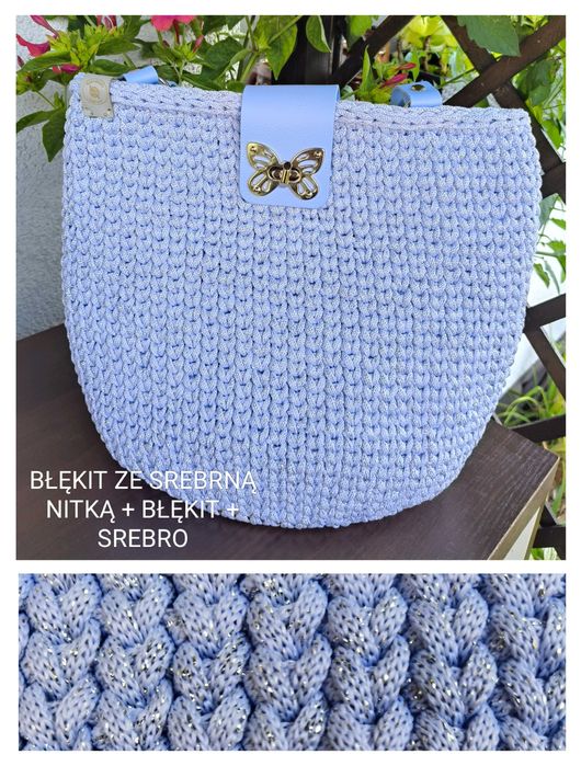 Torba z motylkiem na ramię - błękitna ze srebrną nitką