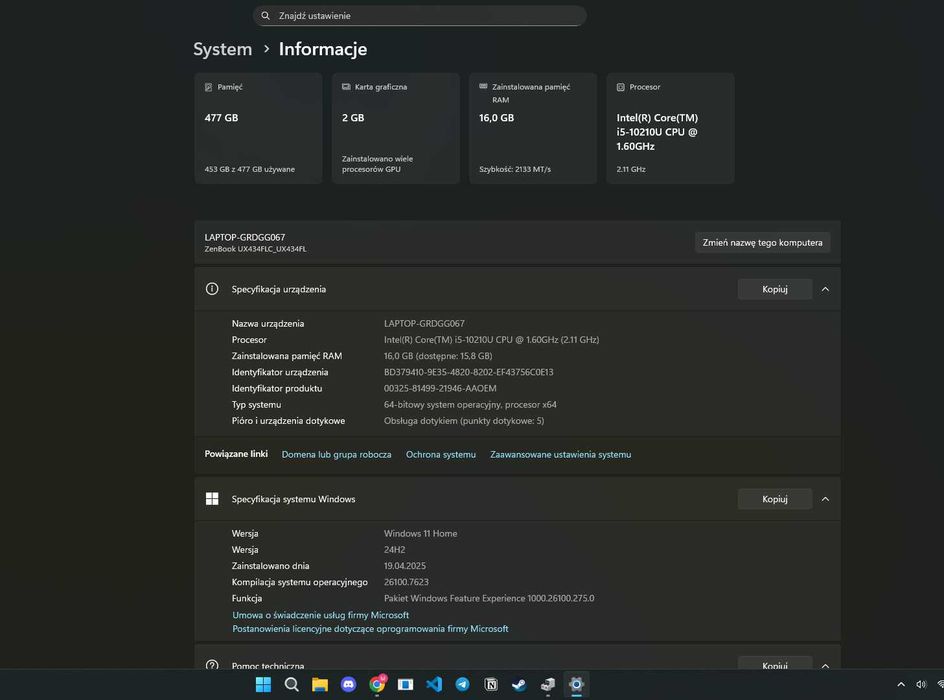 Laptop ASUS ZenBook 14 UX434F  i5-10210U, 16 GB RAM, 512GB SSD 14"