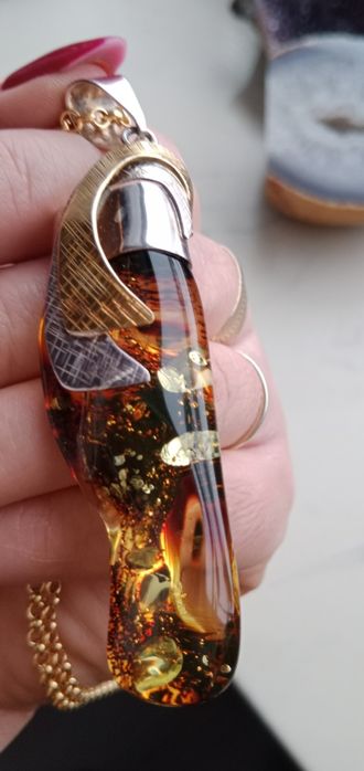 Zawieszka srebrna pozłacana z bursztynu bałtyckiego bursztyn sopel 925