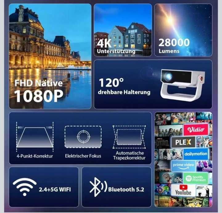 WIELIO, Projektor smart Android 11 obsługa 4K 1080P 28 000 lm WiFi 6 BT 5.2