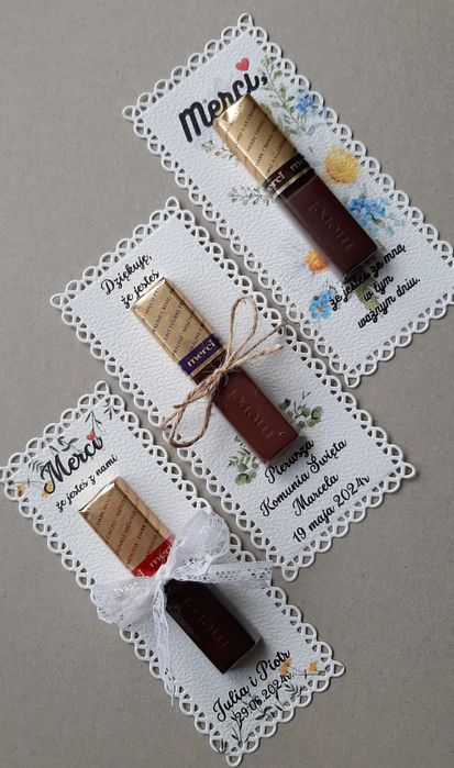 Merci podziękowanie etykieta upominek Komunia ślub urodziny