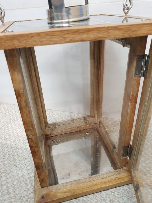 Ліхтар-свічник дерев'яний зі склом та металом, 27×19см