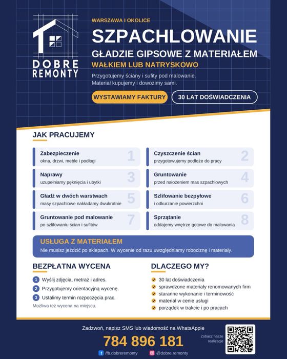 Szpachlowanie, gładzie z materiałem – wałkiem lub natryskowo, Warszawa