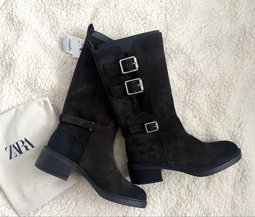 Botki ZARA r.38, kozaki  -60 %, skóra, zamsz, klamerki, styl biker