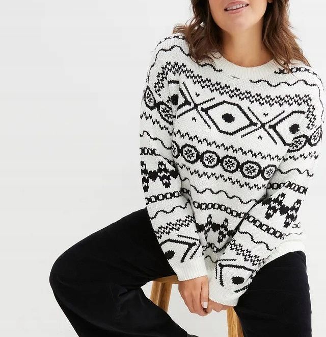 B.P.C sweter śmietankowy z czarnym norweskim wzorem ^40/42