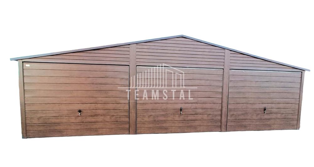 GARAŻ BLASZANY 9m x 6m - dwuspad 3x Brama ciemny orzech TS258  9x6