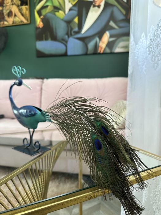 Piękny paw art deco, rzeźba, figura pawia, metaloplastyka