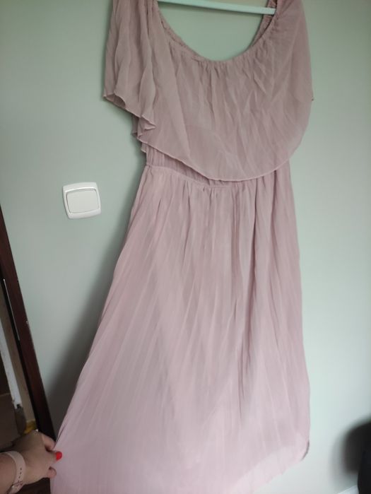 Plisowana pudrowo różowa szyfonowa nowa sukienka Shein 48/50/52