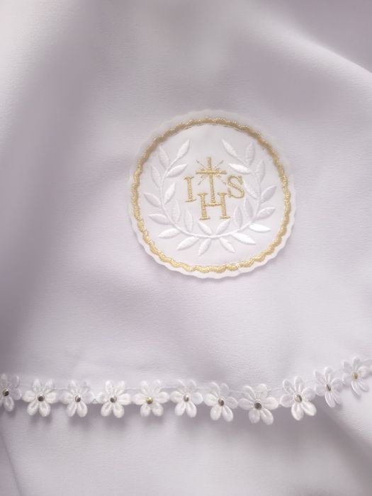 Albo sukienka komunijna, bolerko, woreczek, wianek, rękawiczki