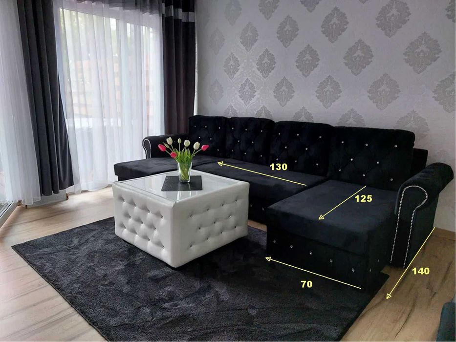 Duży Narożnik do salonu z kryształami, Narożnik z funkcją spania, Sofa rozkładana RIO U pojemniki na pościel i funkcja spania Kryształ Glamour