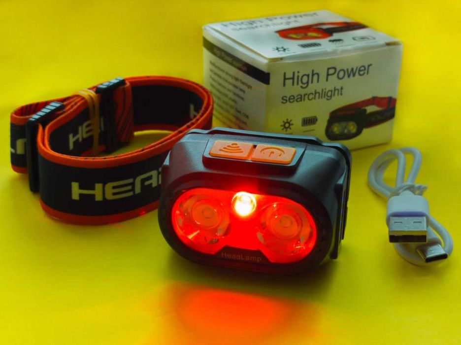 Налобный фонарь Type-С зарядка красный, теплый белый ближний свет