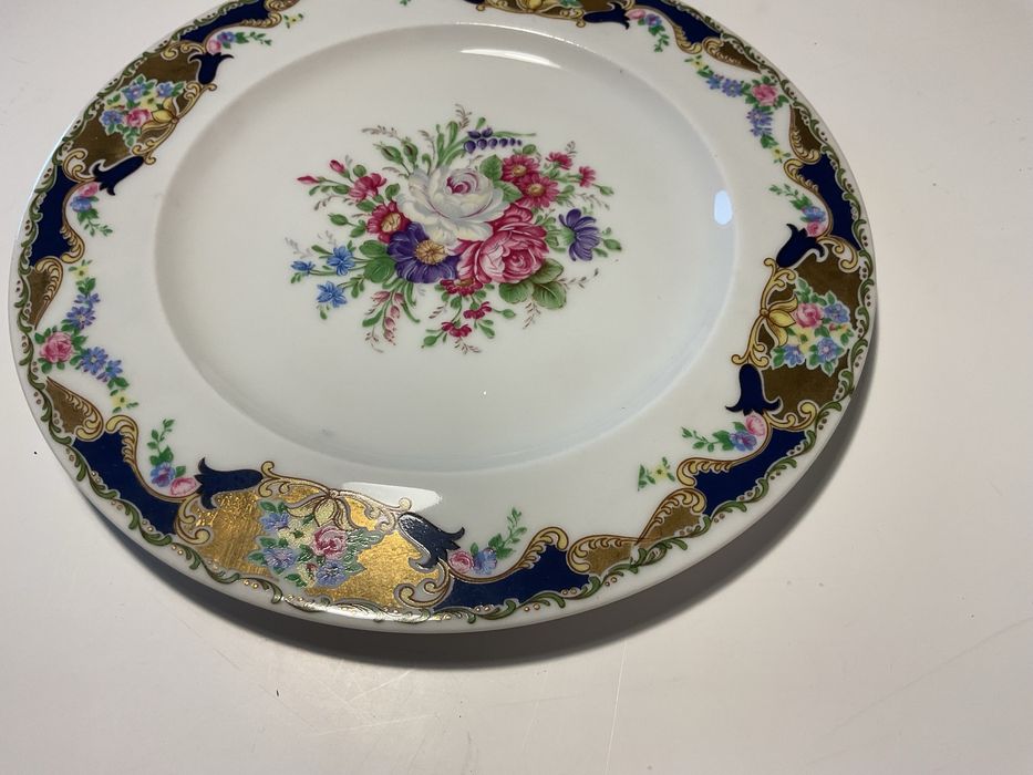 Prato decorativo em porcelana Limoges – floral clássico azul e dourado
