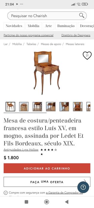 Toucador Mesa toilette Caixa de costura Madeira Carvalho Anos 20 76 cm