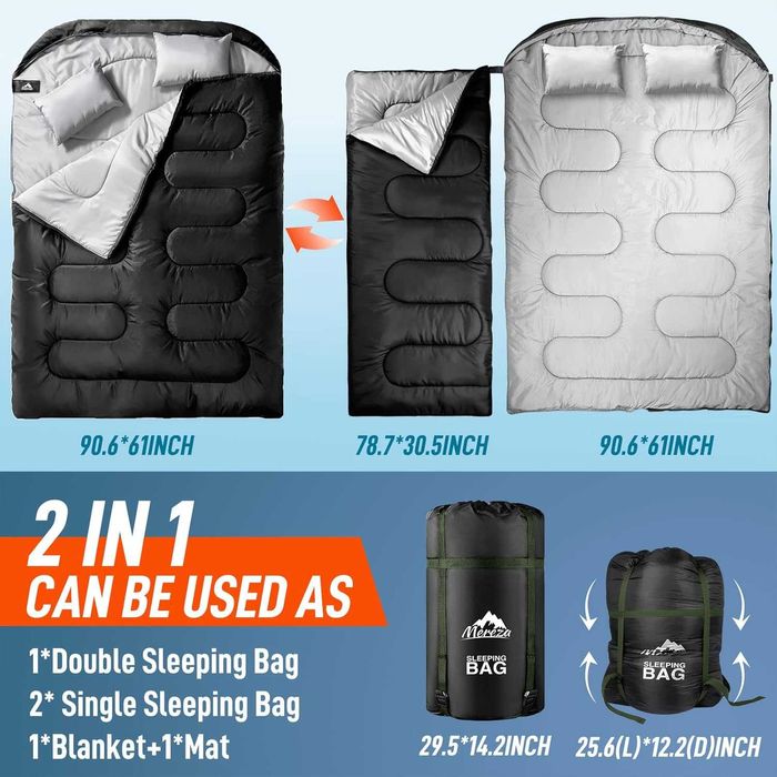 Saco de dormir duplo para adultos com travesseiro, tamanho XL Queen, ideal para camping, trilhas e mochilão em todas as estações.