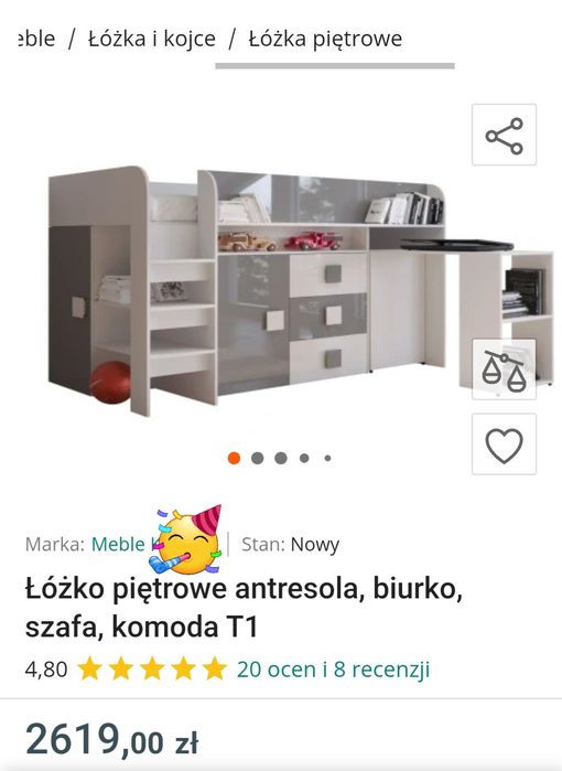 Łóżko piętrowe młodzieżowe, antresola, biurko, szafa, komoda