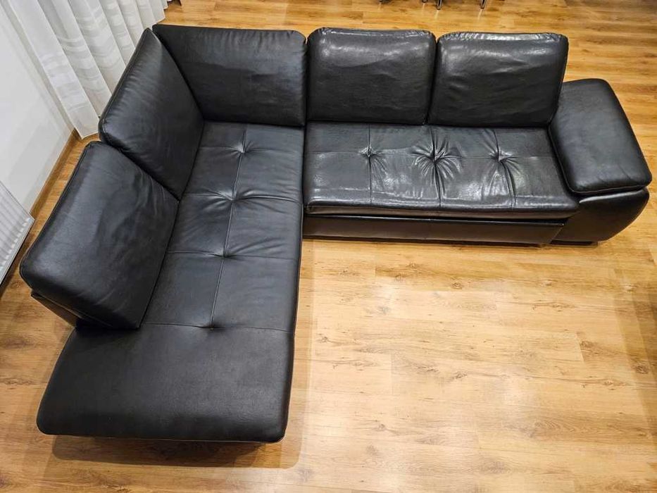 Narożnik prawy skórzany czarny wypoczynek z funkcją spania kanapa XL