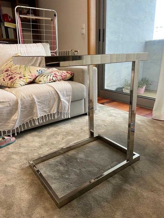 Mesa de apoio em inox e tampo em vidro lacado preto - cbhome