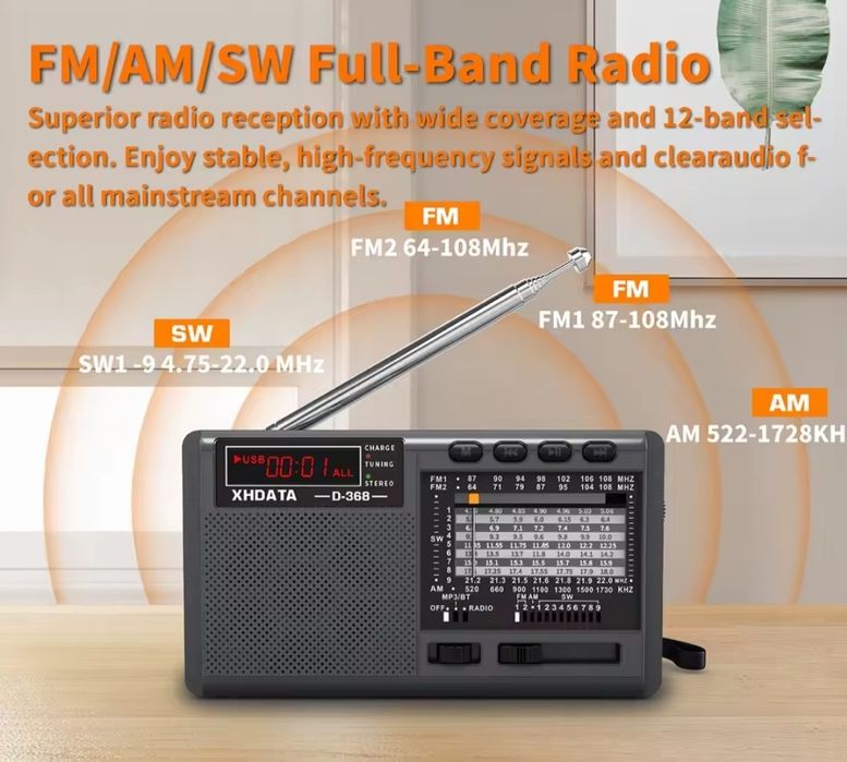 Радіоприймач Xhdata D368 FM/AM/SW MP3, Bluetooth, УКВ  64-108 МГЦ