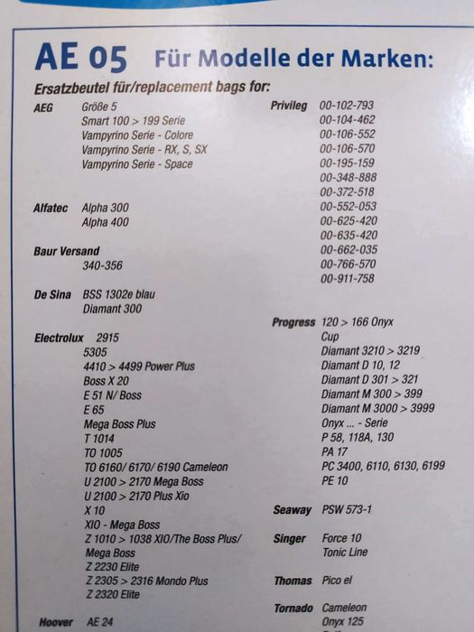Worki Do Odkurzacza AEG Electrolux Privileg itd AE 05 4 szt
