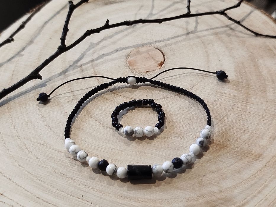 Bransoletka i pierścionek, kamienie naturalne Turmalin Howlit Biały