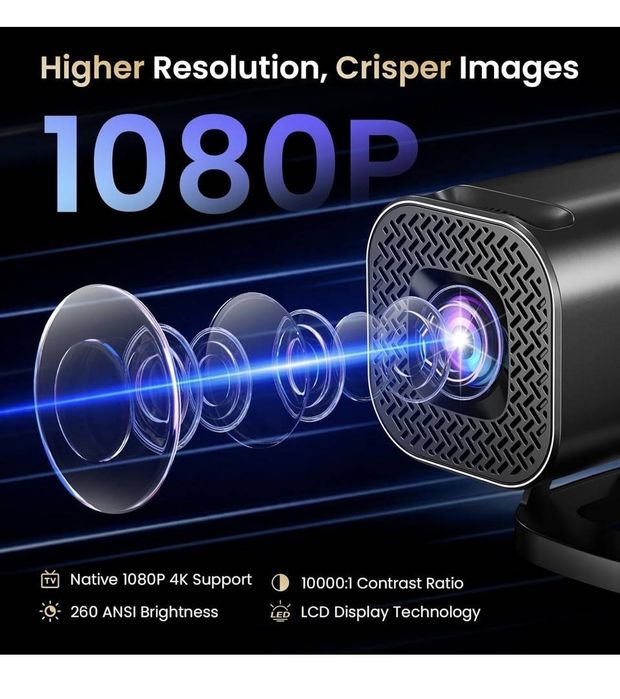 Смарт Проектор HD 1080P 4K яскравість 260 ANSI, Wi-Fi 6 та Bluetooth 5.4, домашній кінотеатр