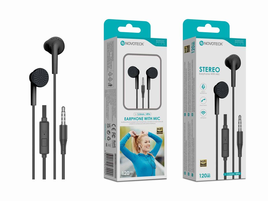 Auriculares Estéreo Negro E-033 com Microfone Jack 3.5mm, Hi-Fi Áudio,