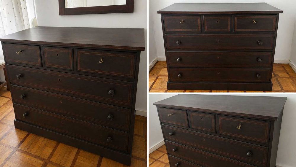Quarto completo (cama + 2 mesas + cómoda) – madeira maciça