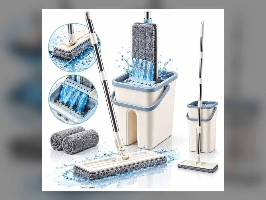 Nowy Mop Płaski Z Wiadrem Dwukomorowym Wyciskacz 2 Wkłady 120 Cm