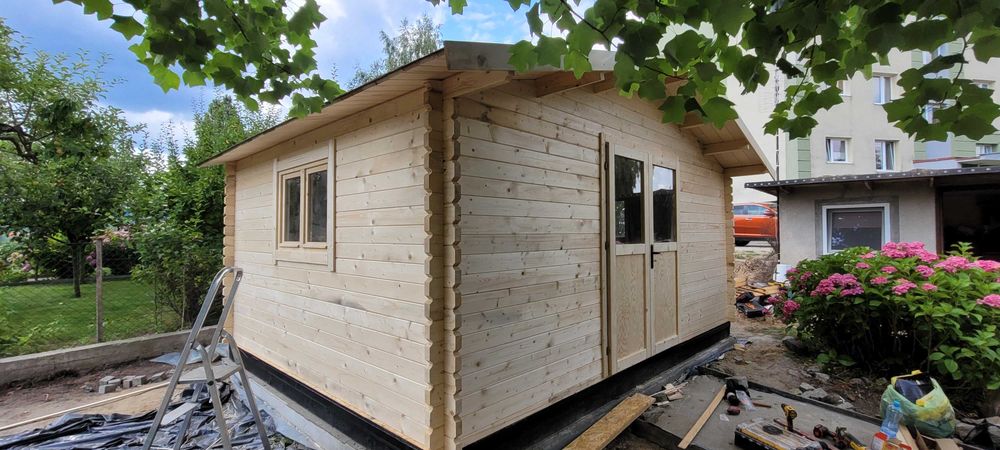 domek letniskowy + zadaszenie + okno *4 x 3,80* ściany z BALIKA 34 mm*