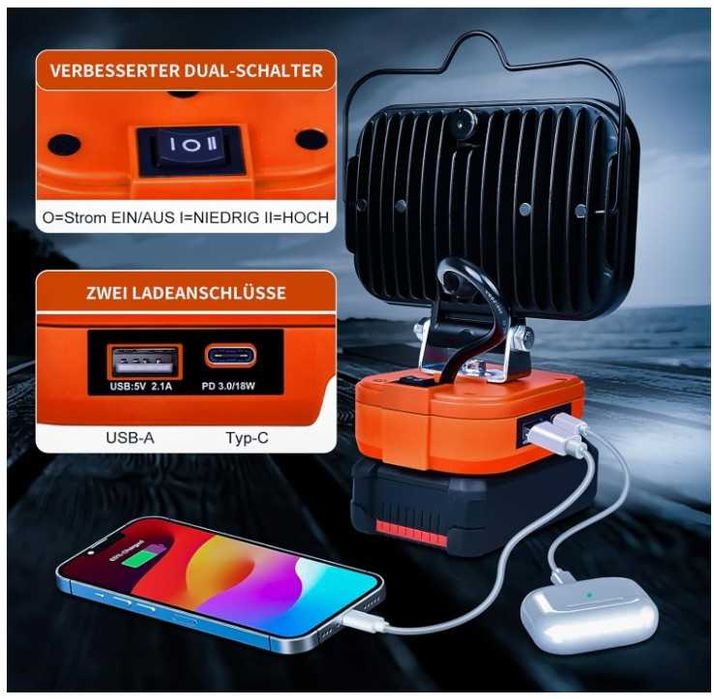 Bezprzewodowa lampa robocza pod akumulator Einhell 80W 8000lm 2 tryby
