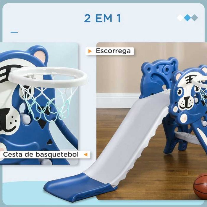 Escorrega Tigre Azul para Crianças 2 em 1 (com Cesta de Basquetebol)