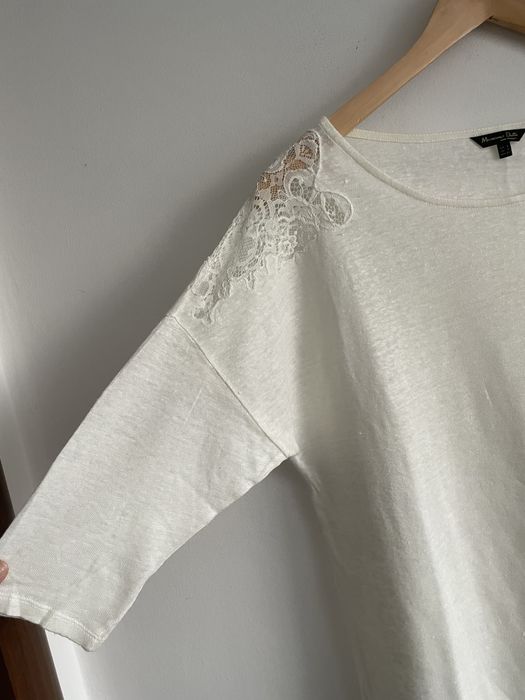Massimo Dutti lniana kremowa bluzka oversize naturalka z koronka