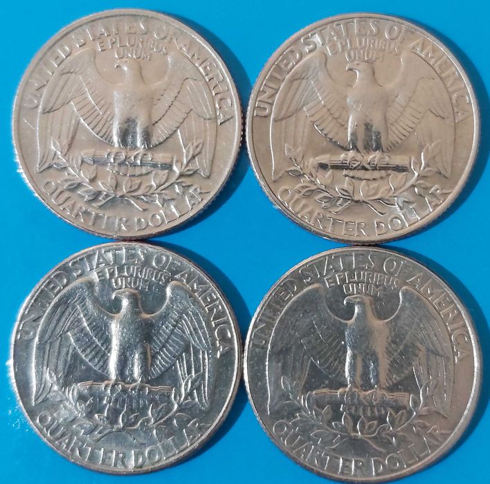 4 Moedas de 1/4 Dólar de 1980.P, 1984.P, 1989.D e 1991.D, dos USA