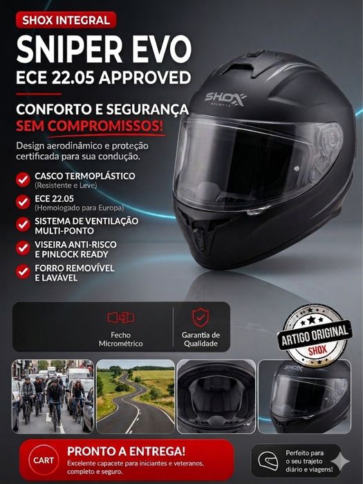 Capacete Integral Shox Helmets Sniper Evo (Preto Mate) – Tam. L | Como Novo