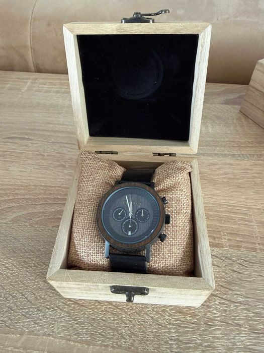 NOWY Zegarek Męski Drewniany NIWATCH CHRONO Heban Stoper Skóra