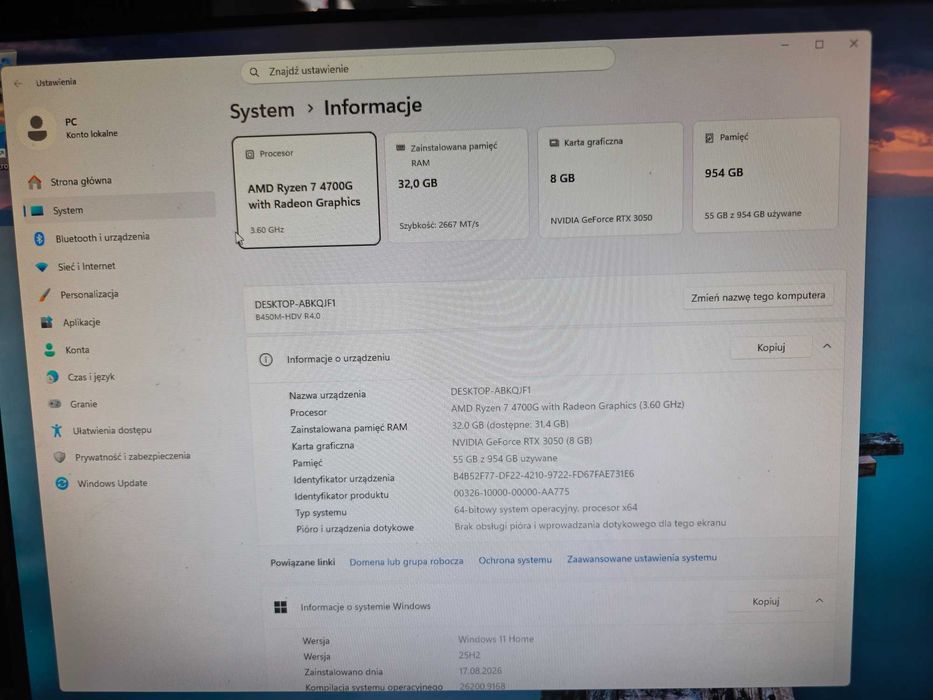 Komputer stacjonarny gamingowy. Ryzen 7 4700G,  rtx 3050 8gb, 32gb DDR 4, 1tb SSD M2, Win 11 Home