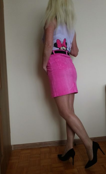 ELEGANCKI zestaw spódnica mini róż jeans+ bluzka+ sweter alpaka S M L