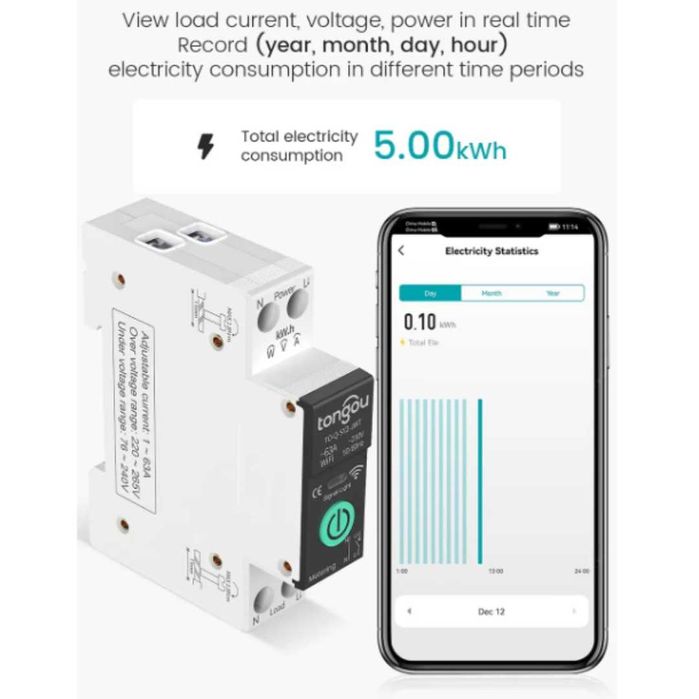 Автомат розумний 1-ф WiFi Tongou TO-Q-SY2-JWT 63А захист по I, U, W, C