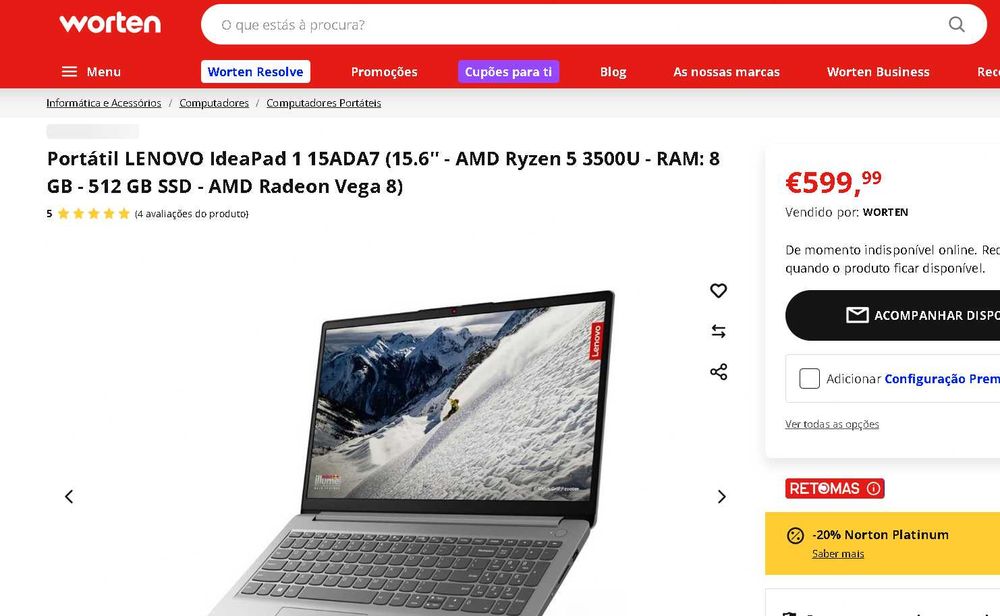 Portátil LENOVO AMD Ryzen 5 3500U - 512 GB SSD - AMD Radeon Vega 8