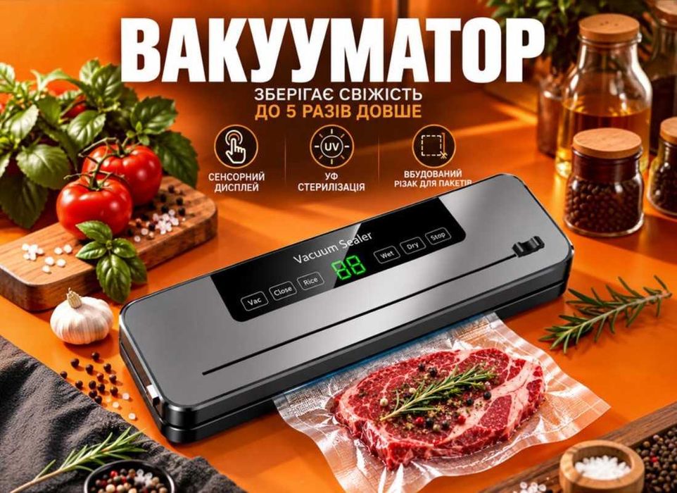 Побутовий вакууматор із різаком для сухих і вологих продуктів, 200 Вт, Vacuum Sealer Бытовой вакууматор с резаком для сухих и влажніх продуктов 200 Вт