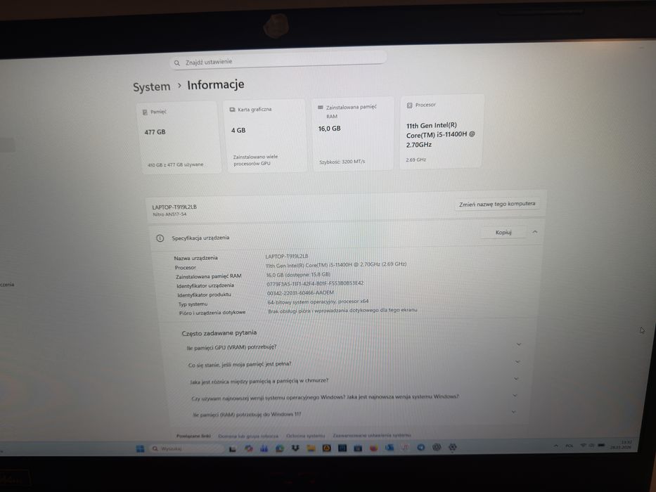 Laptop do gier, Acer Nitro 5. RTX 3050