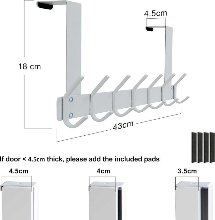 Cabide de Porta 7 Ganchos Duplos Dobráveis  Gancho Over The Door Heavy Duty sem Perfuração | Suporte Anti-Riscos para Roupa, Casacos, Toalhas