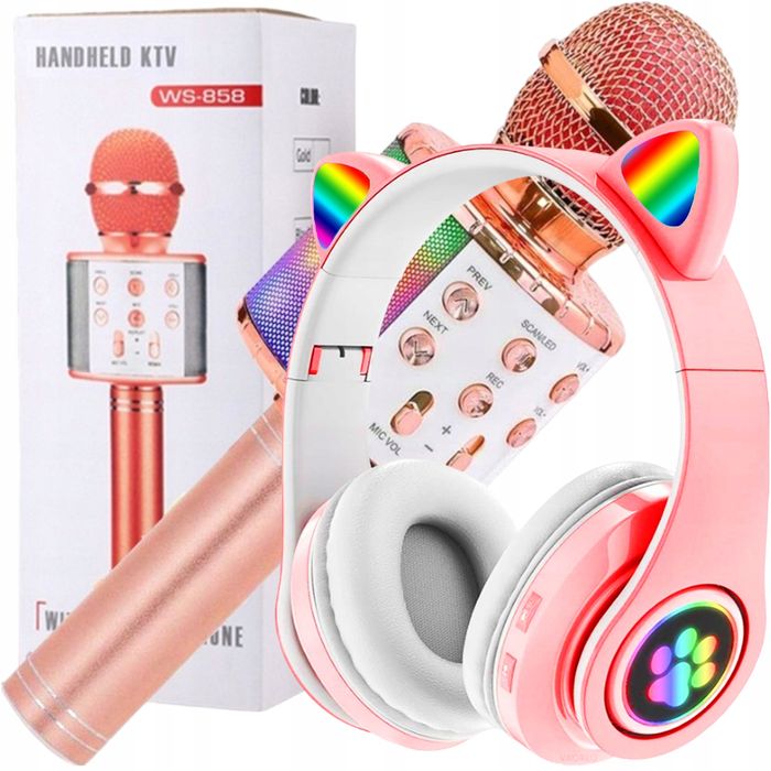 SŁUCHAWKI Kocie Uszy + MIKROFON Karaoke Bluetooth Zestaw NA PREZENT
