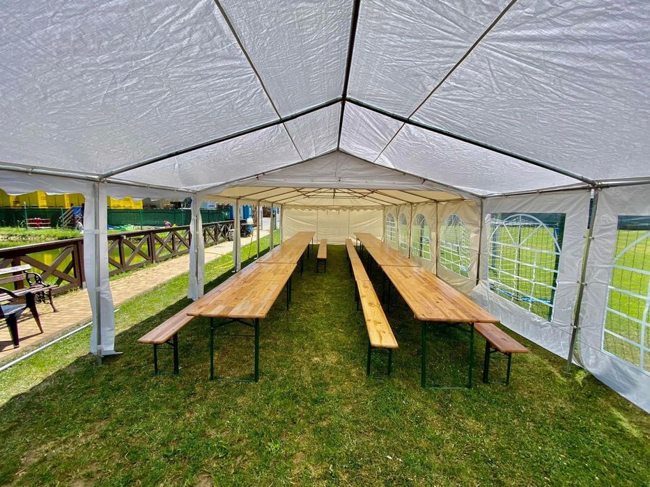 Namiot imprezowy 5x8,5x6 50/30 osób, stoły, DMUCHANIEC