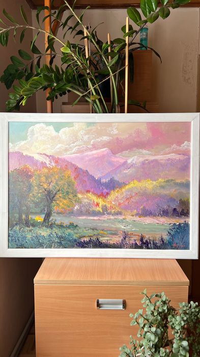 Картина масло холст Андрусяк пейзаж "Карпати при заході сонця" гори