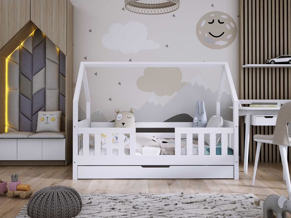 Łóżko domek DYZIO z drewna sosnowego! 160x80 cm, materac w zestawie!