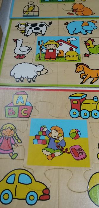 Três Puzzle infantil. Temas sobre animais e escola.
